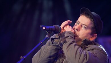 Michael Hirte spielt Mundharmonika auf der Bühne